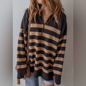 Free People 1/4 zip grey & tan stripe pullover sweater, size medium. Never worn.